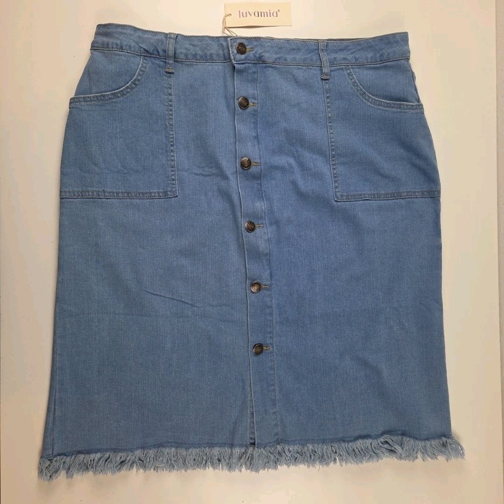 Luvamia‎ New Women's Denim Skirt Raw Hem Button Front Size 2XL